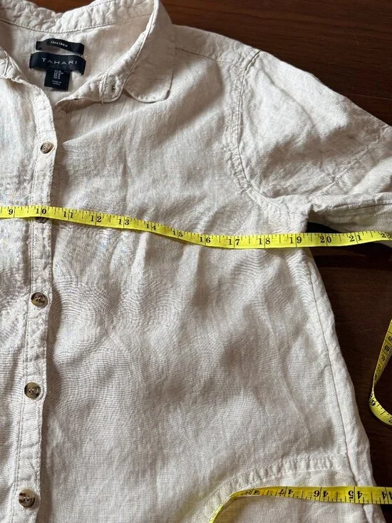 Women's Tahari Short Sleeve Linen Shirt Dress light tan sz M - Picture 4 of 5